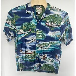 Paradise Found Men's Hawaiian Shirt Size XL Rayon Hawaii Sea Plane Beach
